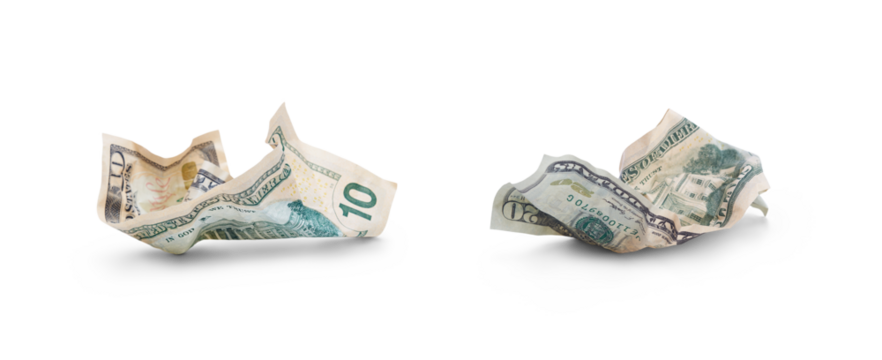 A collection of American dollars lying on the ground after being thrown away, wasting money, isolated against a transparent background.