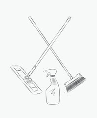 Flat mop, broom and glass cleaner drawing in graphic style on white background