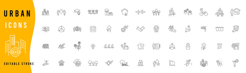 City development line icons. Urban planning, smart city infrastructure.  Editable stroke icon