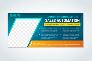 Web banner template design layout with photo and text space. gradient blue background combined with orange element. Business advertising set design template. horizontal layout banners standard size.