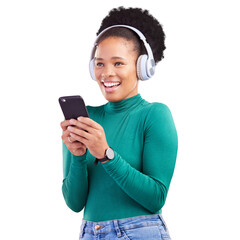 Headphones, happy and young black woman on a phone and listening to music, playlist or radio. Smile, cellphone and African female model streaming song or album isolated by transparent png background.