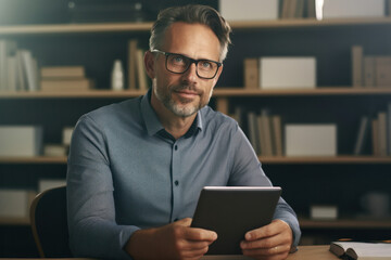 Sage of the Digital Era: A Middle-Aged Male Educator in Glasses, Thoughtfully Seated at His Desk, Grasping a Tablet, Merging Tradition with Tech