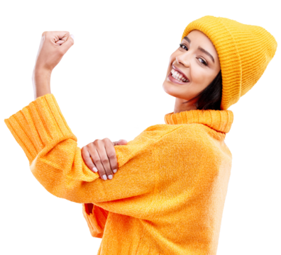Happy, flex and portrait of woman with muscle on isolated, png and transparent background for strong person. Smile, strong and girl showing strength, power and empowerment for exercise and confidence