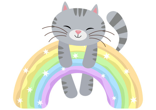 Cute cat hanging on magic rainbow
