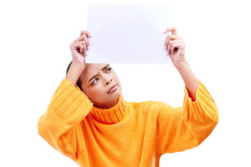 Billboard, hand holding and woman with paper, confused or faq on isolated, transparent and png background. Why, face and female model show banner, mockup or how to steps, guide or sign up advice