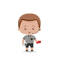 A referee girl cute character who holds a whistle and a ball