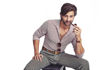 Man, portrait and smoke pipe with vintage 70s fashion, chair and isolated by transparent png background. Hippy guy, retro aesthetic and clothes with sitting for tobacco, relax and trippy with freedom