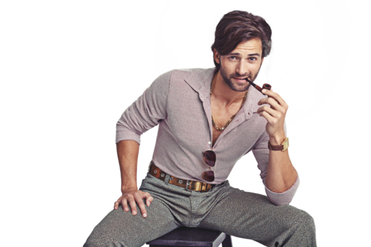 Man, portrait and smoke pipe with vintage 70s fashion, chair and isolated by transparent png background. Hippy guy, retro aesthetic and clothes with sitting for tobacco, relax and trippy with freedom - Powered by Adobe