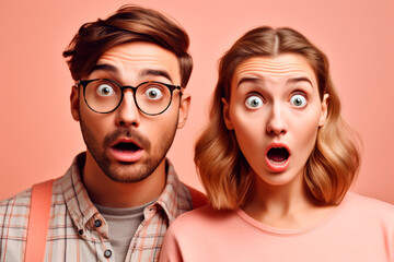 portrait of shocked funny couple of friends