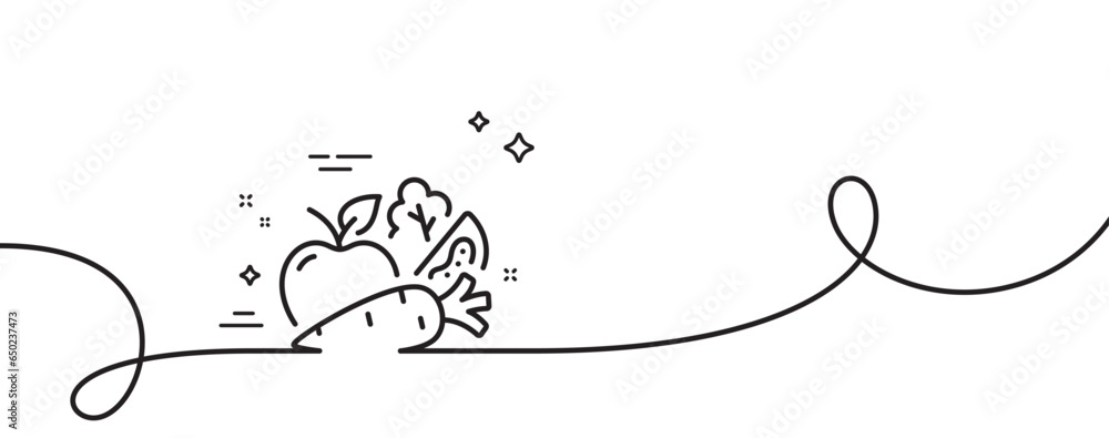 Poster vegetables line icon. continuous one line with curl. lettuce, carrot with tomato sign. low calories 