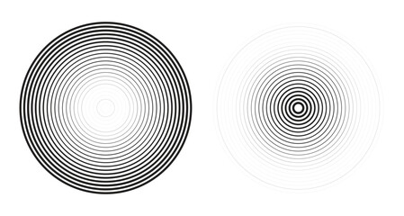 black line concentric ripple circles set. Sonar or sound wave rings collection. Epicentre, target, radar icon concept. Radial signal or vibration elements. Vector 10 eps. - obrazy, fototapety, plakaty