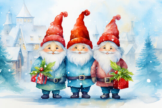Merry Christmas! Cute Christmas gnomes are in a hurry to congratulate everyone on the holiday.