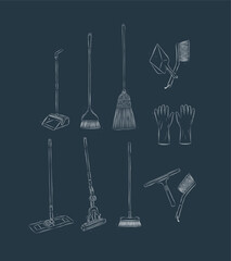 Floor cleaning tools accessories broom, dustpan, mop, gloves, scraper, brush drawing in graphic style on blue background