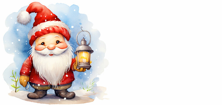 Merry Christmas. A cute Christmas gnome with gifts and a flashlight in his hands is in a hurry to congratulate everyone on the holiday. Banner. Copy Space