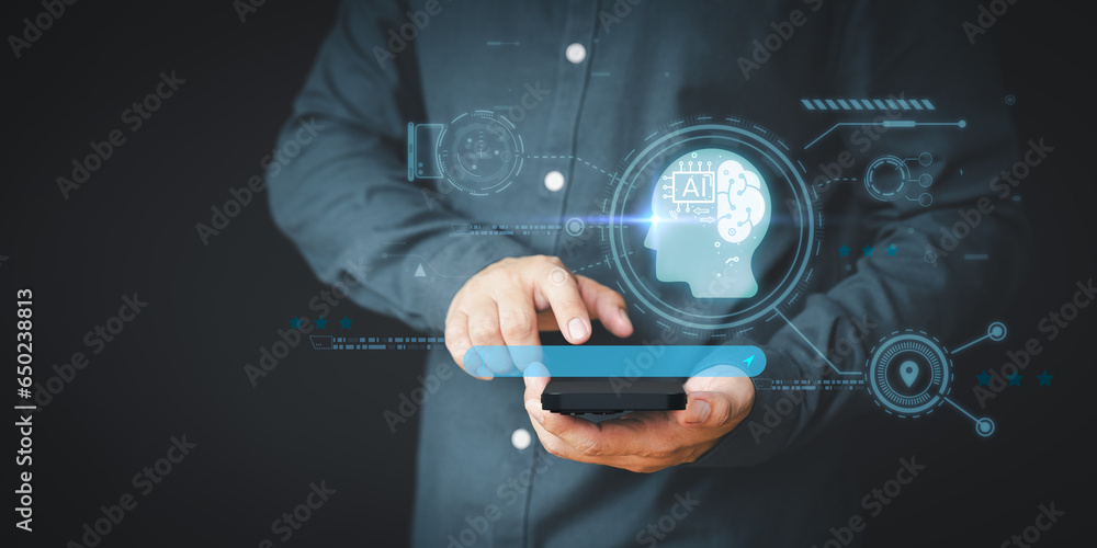 Poster Man use a phone with technology smart robot AI. Artificial intelligence by enter prompt for generates something, Futuristic technology transformation. Chatbot Chat with AI, Artificial Intelligence.