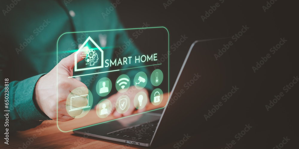Poster Adult man controlling technology AI smart home devices using a laptop computer with launched application in the bed room. Internet of Things. Iot smart home automation app concept.