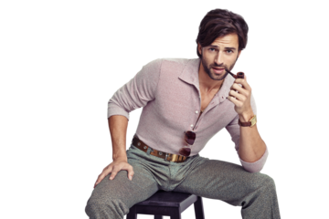 Man, portrait and smoke pipe with retro 70s fashion, chair and isolated by transparent png background. Hippy guy, vintage aesthetic and clothes with sitting for tobacco, relax and trippy with freedom