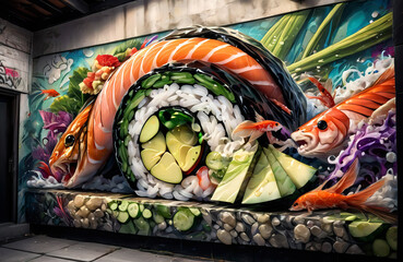 Fantastic graffiti depicting sushi in anime style. Generative AI