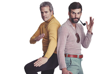 Men, portrait and fight acting in retro clothes, isolated on a transparent png background and...
