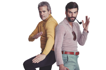 Men, portrait and fight acting in retro clothes, isolated on a transparent png background and confrontation. Angry friends, mature and smoking pipe in vintage fashion, hands and 70s street style