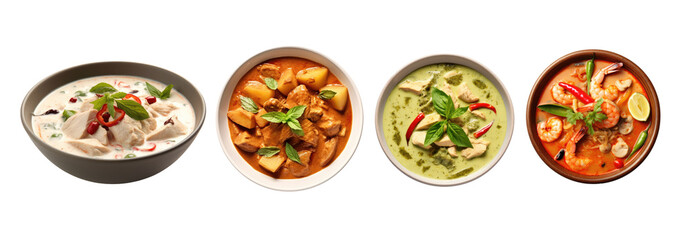 Fototapeta na wymiar Set of Thai food Green curry chicken,Chicken Massaman Curry,Tom yum kung and Thai chicken coconut soup or Tom kha gai isolated on transparent background. Generative Ai