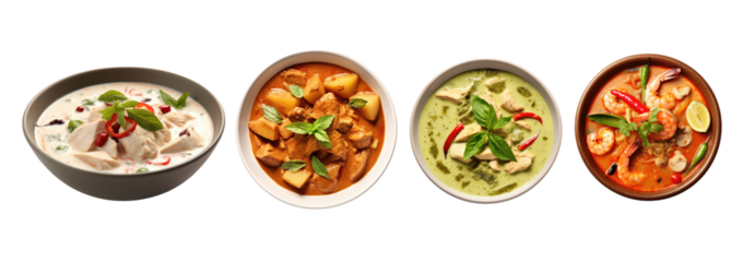 Set of Thai food Green curry chicken,Chicken Massaman Curry,Tom yum kung and Thai chicken coconut soup or Tom kha gai isolated on transparent background. Generative Ai