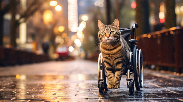 A happy cat with disabled legs uses a wheelchair to walk around the street