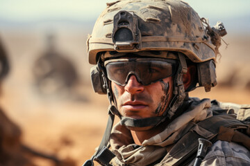 Close-up portrait of soldier in helmet and gear on combat mission - obrazy, fototapety, plakaty