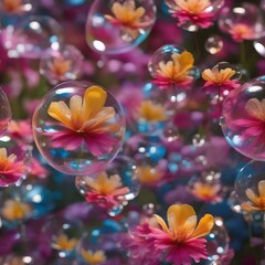 A garden of floating, soap bubble-like flowers that shimmer and pop with colorful confetti1