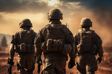 Back view of a group of soldiers in the desert during a combat mission - obrazy, fototapety, plakaty