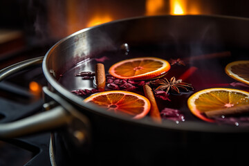 A pot of mulled wine with various spices like cinnamon and star anise is simmering on a stovetop, filling the kitchen with a cozy aroma during winter