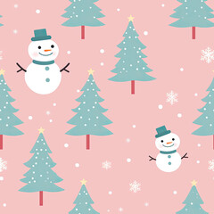 Snowman seamless repeating background in pink color tones. Flat artwork