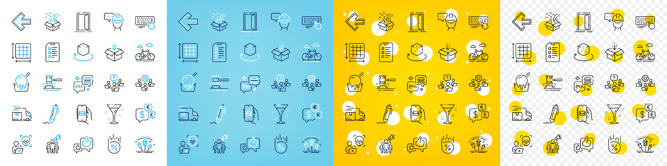 Vector icons set of Open door, Cocktail and Brand ambassador line icons pack for web with Auction hammer, Gift, Computer keyboard outline icon. Get box, Teamwork, Left arrow pictogram. Vector