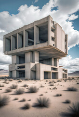 Obraz na płótnie Canvas abandoned ruined concrete industrial brutalist building in desert landscape