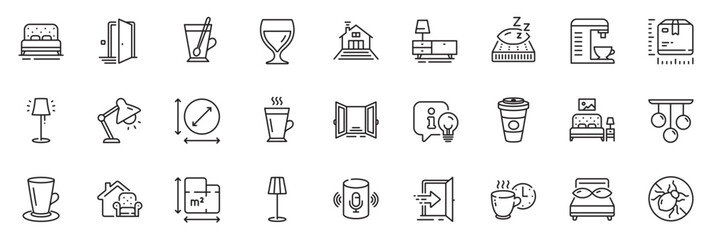 Icons pack as Mattress, Floor plan and Bed line icons for app include Entrance, Teacup, Table lamp outline thin icon web set. Furniture moving, Ceiling lamp, Terrace pictogram. Vector