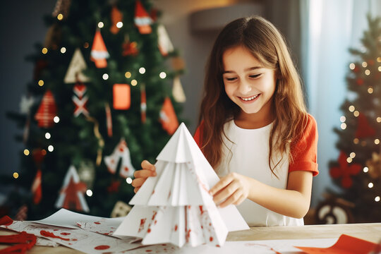 Smiling girl making paper christmas decorations for party