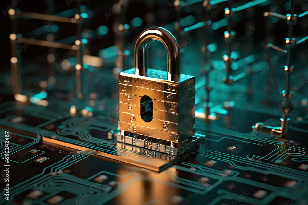 Poster securing the digital realm cybersecurity, privacy, and data protection. created with generative ai