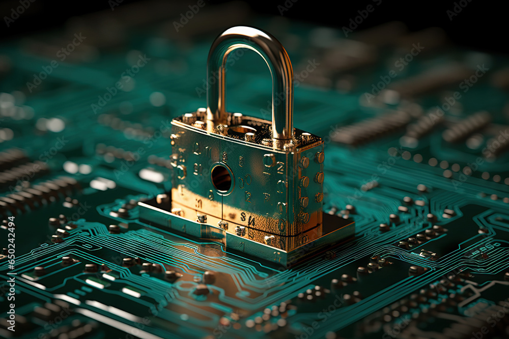 Poster securing the digital realm cybersecurity, privacy, and data protection. created with generative ai