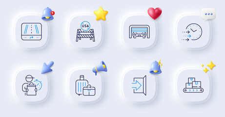 Delivery time, Parking garage and Exit line icons. Buttons with 3d bell, chat speech, cursor. Pack of Baggage, Wholesale goods, Usa close borders icon. Delivery man, Gps pictogram. Vector - obrazy, fototapety, plakaty