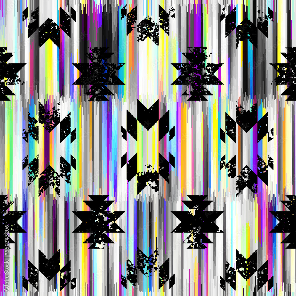 Poster Geometric abstract grunge vintage pattern. Aztec ikat style. Seamless vector image. Thin lines