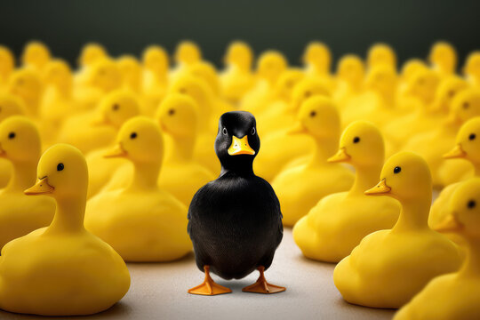 One black duck in a row of yellow ducks superiority and difference concept