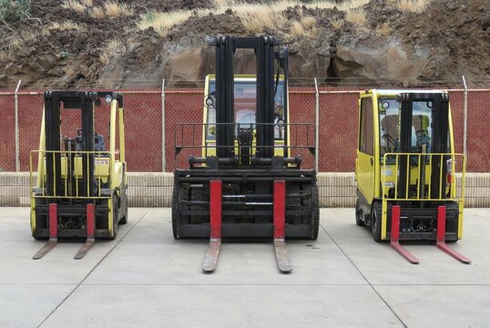 Different Size Forklifts in Row, National Forklift Safety Day, June 13, National Logistics Day, June 28