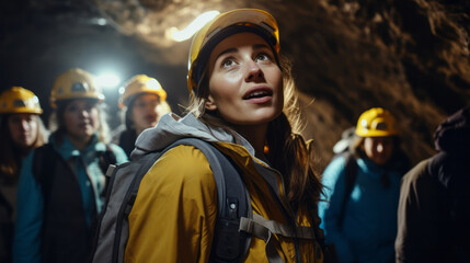 Young woman guiding a group of tourists on an underground cave exploration , speleology or caving concept - obrazy, fototapety, plakaty