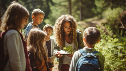 Woman teacher with kids from her class exploring nature and lush forest in a field trip or school trip
