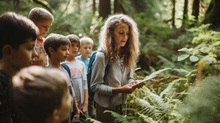 Woman teacher with kids from her class exploring nature and lush forest in a field trip or school trip