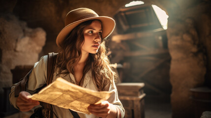 Young archeologist woman taking part in a high-stakes competitive treasure hunt in an ancient archaeological site looking at documents and map to find the relics