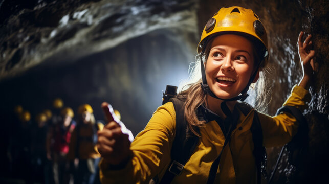 Young woman guiding a group of tourists on an underground cave exploration , speleology or caving concept