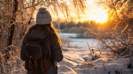 Back view of a woman looking into the sunset in winter