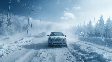 A car drives on a completely snow-covered road in winter