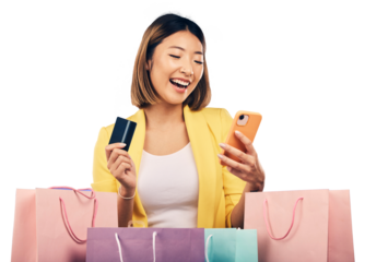 Woman, credit card and phone with shopping bag for fintech payment and e commerce sale or discount. Asian customer or excited winner with mobile and banking app isolated on transparent png background